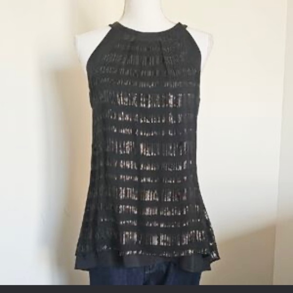 WHBM Black Metallic Silk Tank Blouse Size 2 High-Neck Black - Picture 1 of 13